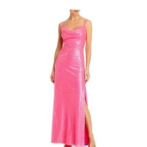 Aqua Formal Gown Womens Pink Sequin Cowl Neck Floor Length Side Slit - Size M